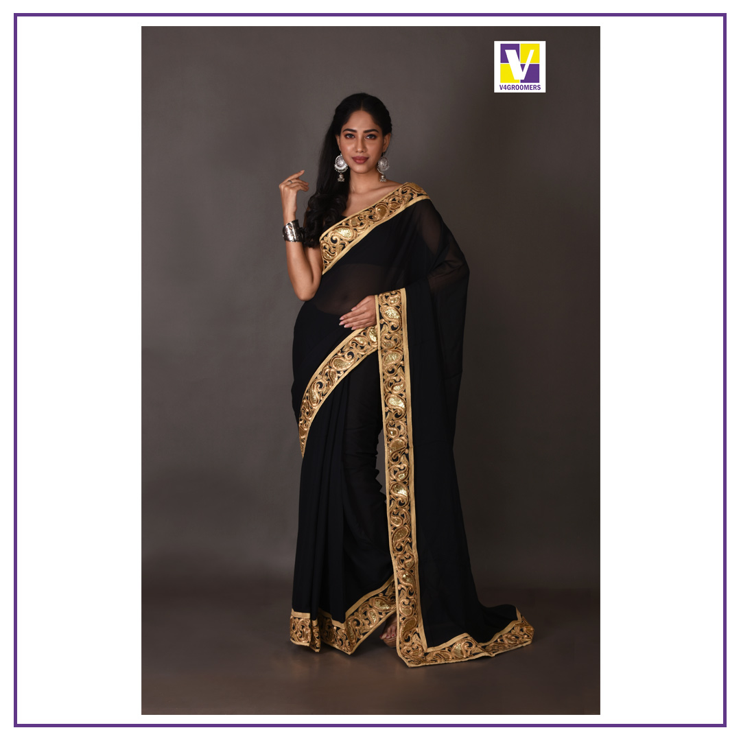 Pre-Stitched Black Sequin's Georgette Saree – Fronlioz