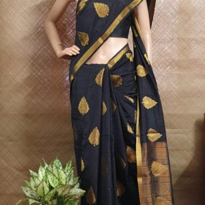 Black Raw Silk Saree with Golden Emboss