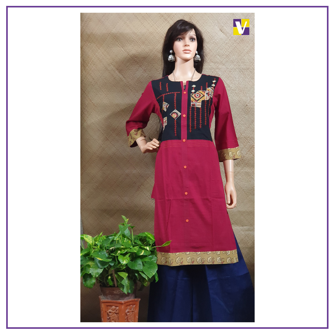 Maroon and Black Cotton Kurti