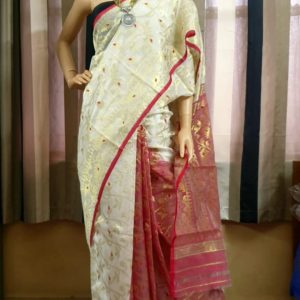 White Soft Dhakai Saree with All Over Zari and Red Zari Aanchal