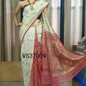 White Soft Dhakai Saree with All Over Zari and Red Zari Aanchal