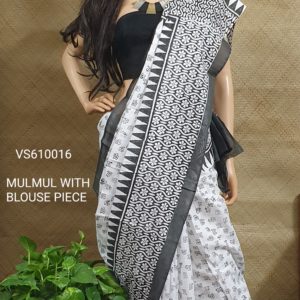 White Cotton Mulmul with Black Block print